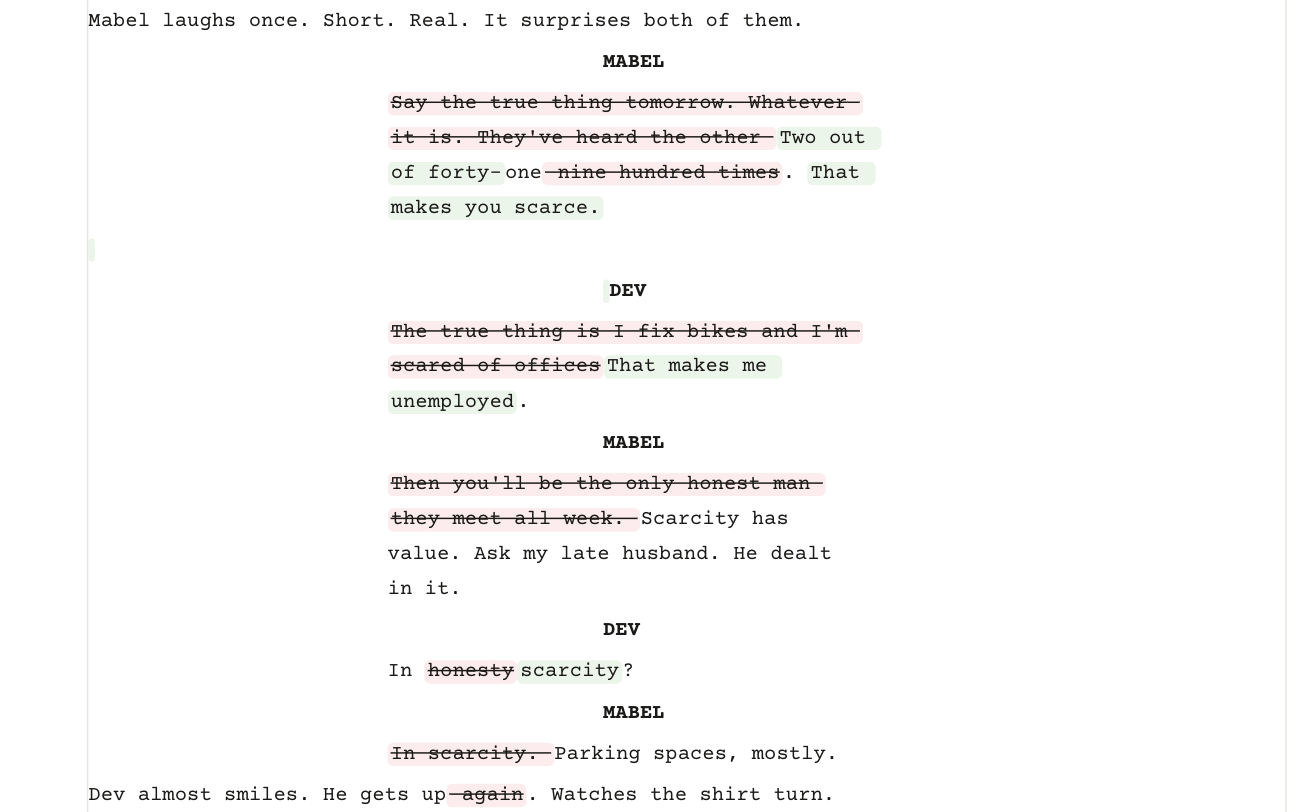 The rewrite pass in Show changes view: the on-the-nose exchange struck through, the tighter lines that replace it highlighted.