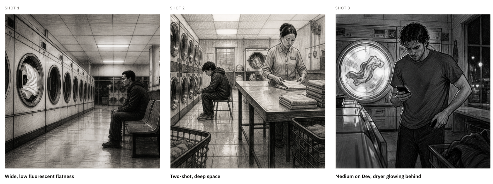 Three storyboard shots from The Long Night: the laundromat wide, the two-shot at the folding table, and Dev at the glowing dryer.